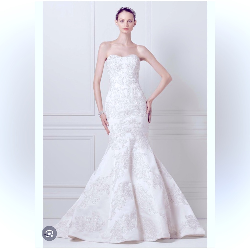 Oleg Cassini Satin Lace Strapless Wedding Dress